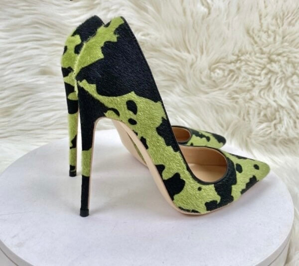 Green Cow print high heeled court shoes