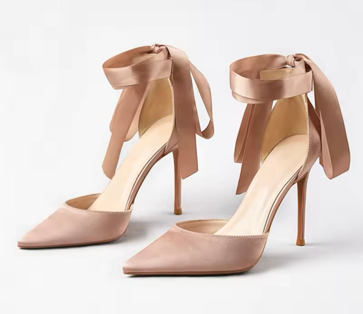 Ella Ribbon Tie Heels - Nude - Size 2 (eu34) 6cm heel. IN STOCK