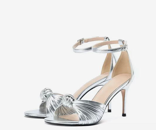 silver open toe sandals knotted at front