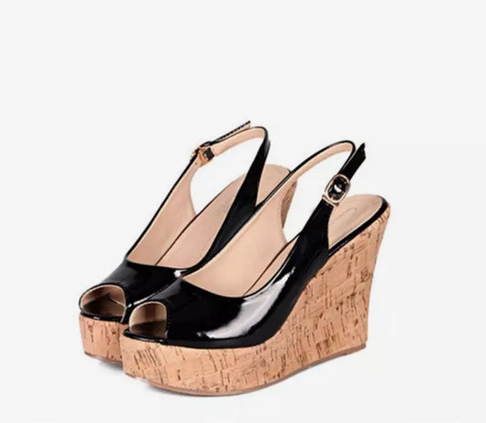 Black sling back wedge with cork heel