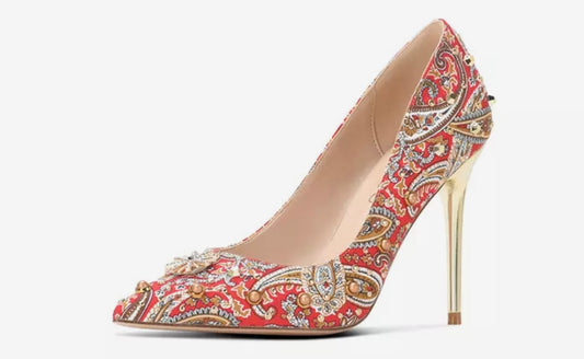 Paisley print high heeled pump with gold heel