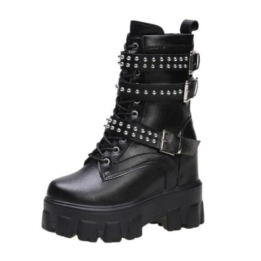 Black Mid calf chunky boots with studded straps