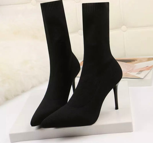 black mid calf sock boot with thin heel