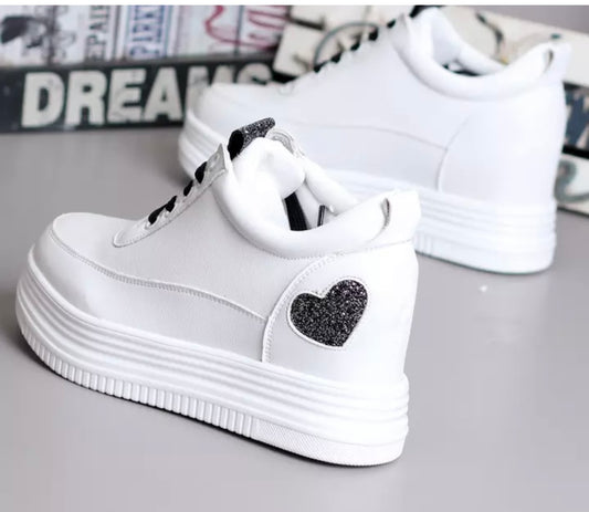 White flatform wedge trainer with glitter heart