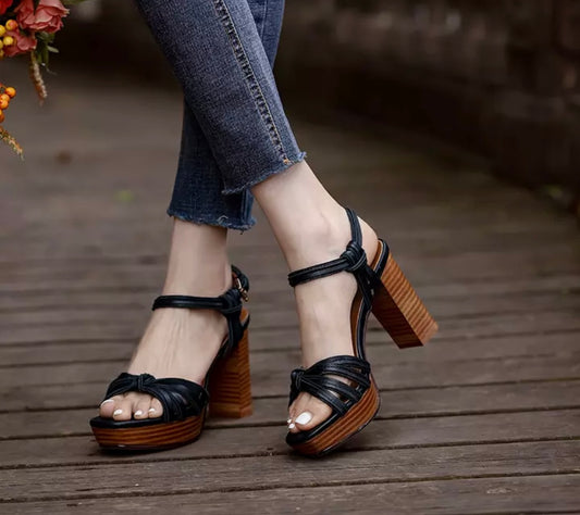 Open toe sandals with wooden block heel