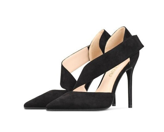 Black high heeled pump shoe with thick curved strap