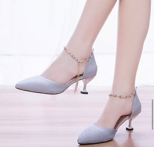 Silver Kitten heel shoes with crystal ankle strap